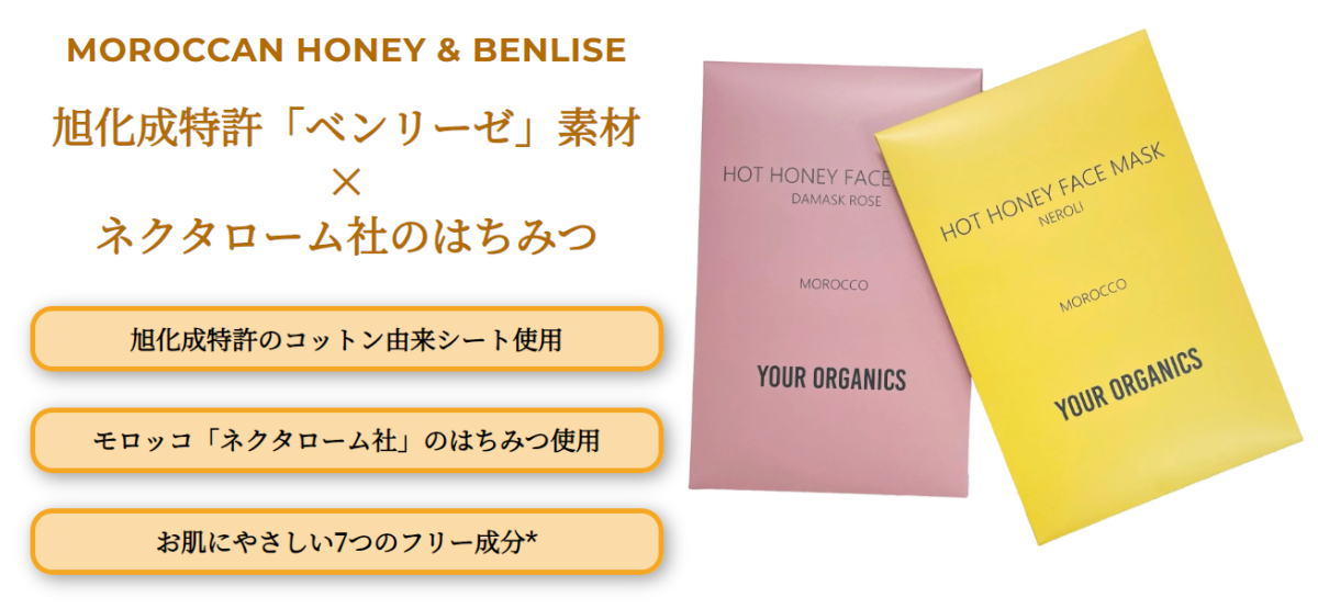 旭化成「ベンリーゼ」素材×ネクタローム社のはちみつ - HOT HONEY FACE MASK ホットハニーフェイスマスク