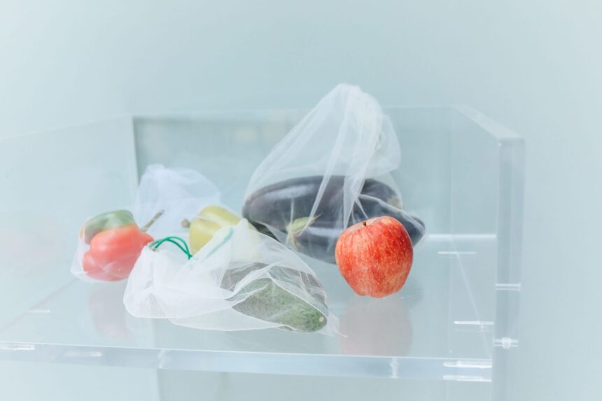 再利用できる袋に入れた野菜とりんご